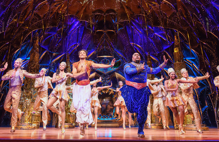 Matthew Croke, Trevor Dion Nicholas and cast in Aladdin, one of the West End’s most widely diverse musicals, at the Prince Edward Theatre. Photo: Deen van Meer/Disney