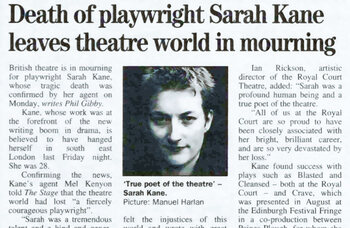Tributes to playwright Sarah Kane – 25 years ago in The Stage