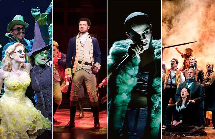 Wicked (2006); Hamilton (2017); Cabaret at the Kit Kat Club at the Playhouse, London; Les Misérables at the Queen’s Theatre, London (2013). Photos: Tristram Kenton/Jay Brooks and Emilio Madrid/Matthew Murphy/Deen van Meer