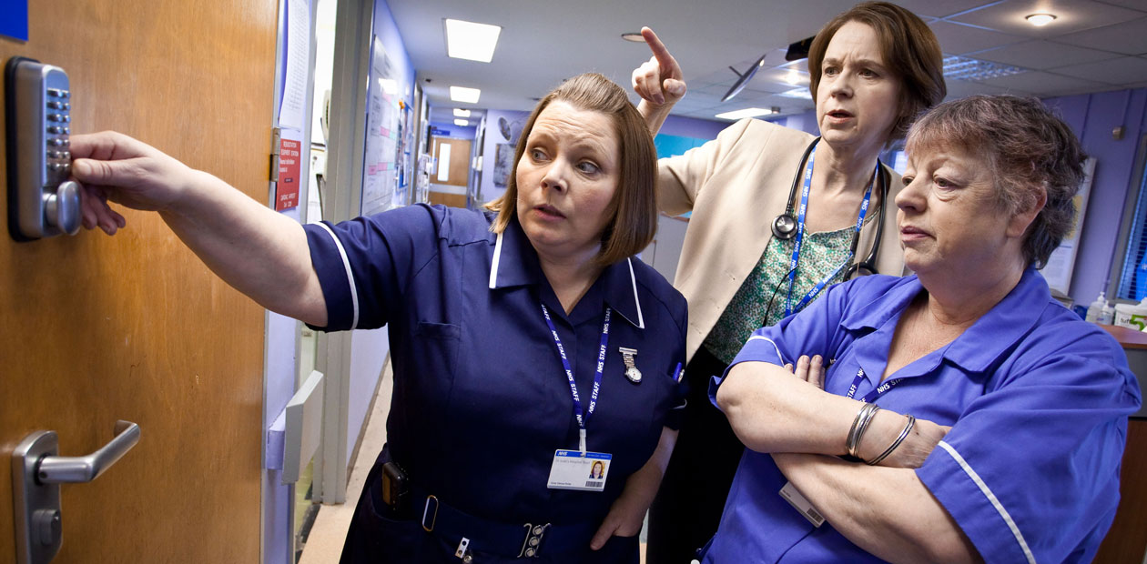 Joanna Scanlan (Sister Den Flixter), Vicki Pepperdene (Dr Pippa Moore) and Jo Brand (Nurse Kim Wilde) in Getting On. Photo: BBC/Brian Ritchie