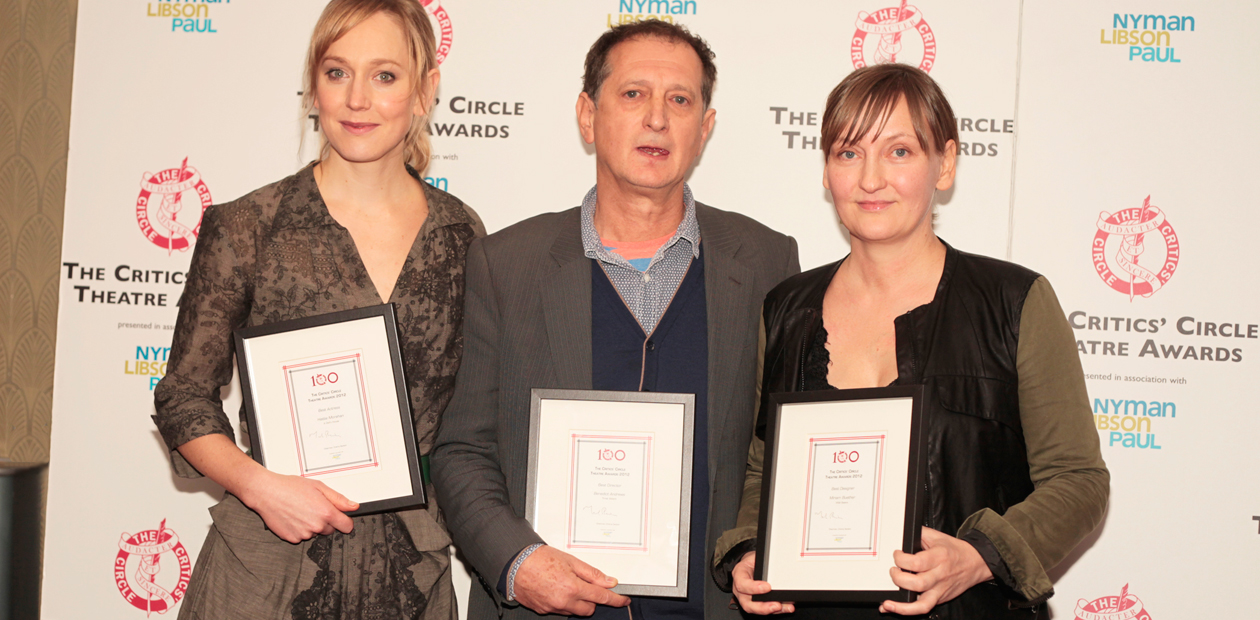 Hattie Morahan, Young Vic artistic director David Lan and designer Miriam Buether. Photo: Eliza Power