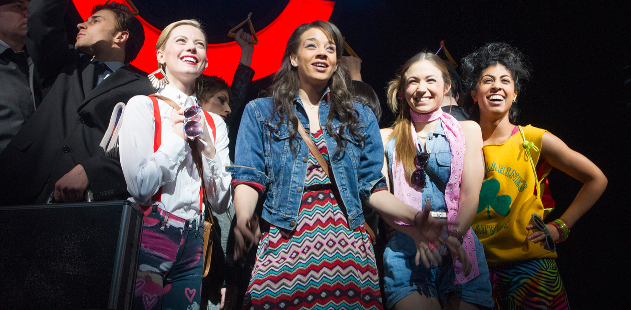 Lucy Phelps (Diamond),  Hannah John-Kamen (Viva), Dominique Provost-Chalkley (Holly) and Siobhan Athwal (Luce) in Viva Forever at the Piccadilly Theatre, London. Photo: Tristram Kenton