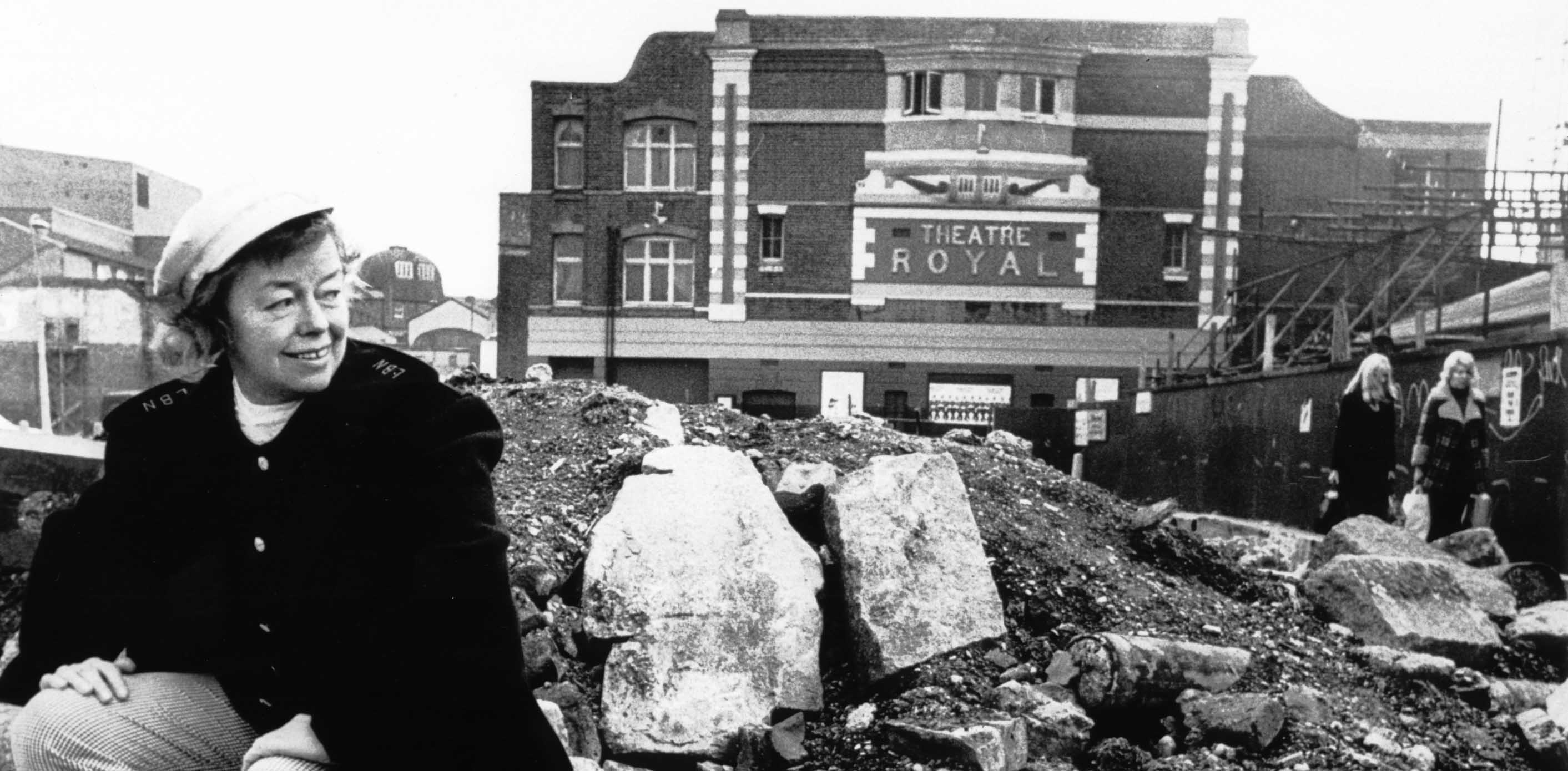 Joan Littlewood outside Theatre Royal Stratford East in the 1970s. Photo: TRSE Archive