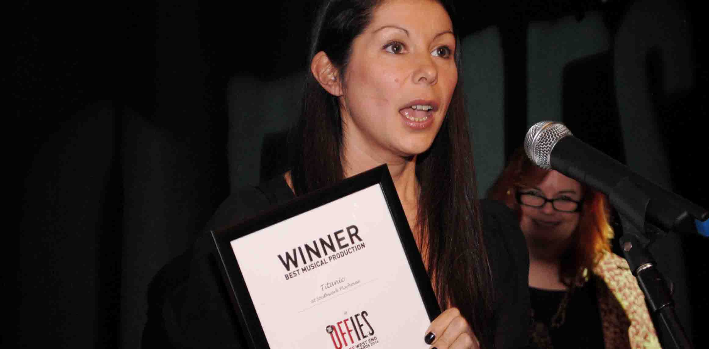 Producer Danielle Tarento picks up the award for best musical production at the Off West End Theatre Awards. Photo: Anthony Ofoegbu