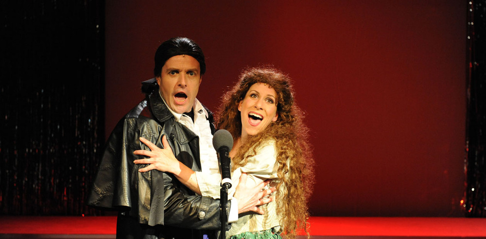 Alasdair Harvey and Anna Jane Casey in the 2009 production of Forbidden Broadway at the Menier Chocolate Factory