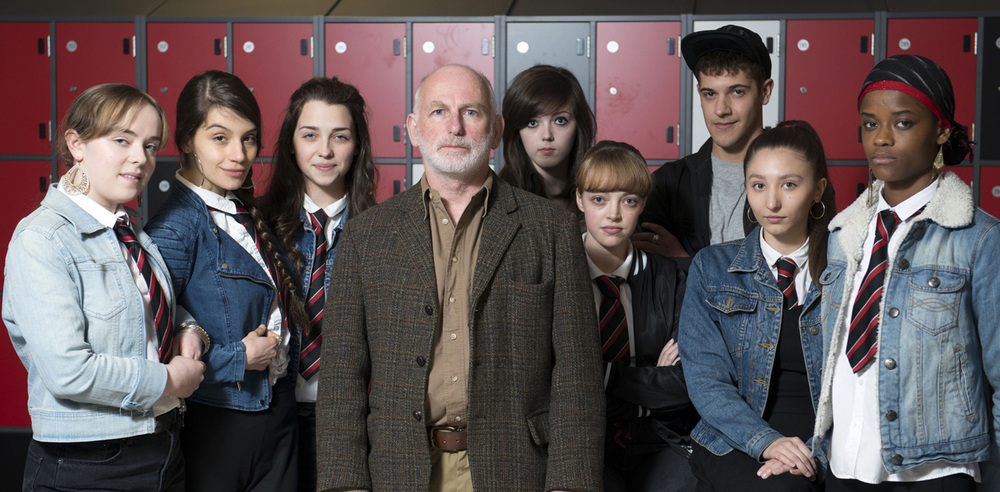 Left to right: Effie Scott, Olivia Popica, Erin Armstrong, Gary Lewis, Kirsty Pickering, Kirstie Steele, Vahid Gold, Aruhan Galieva and Letitia Wright in BBC3's Glasgow Girls. Photo: BBC/Minnow Films/Graeme Hunter Pictures