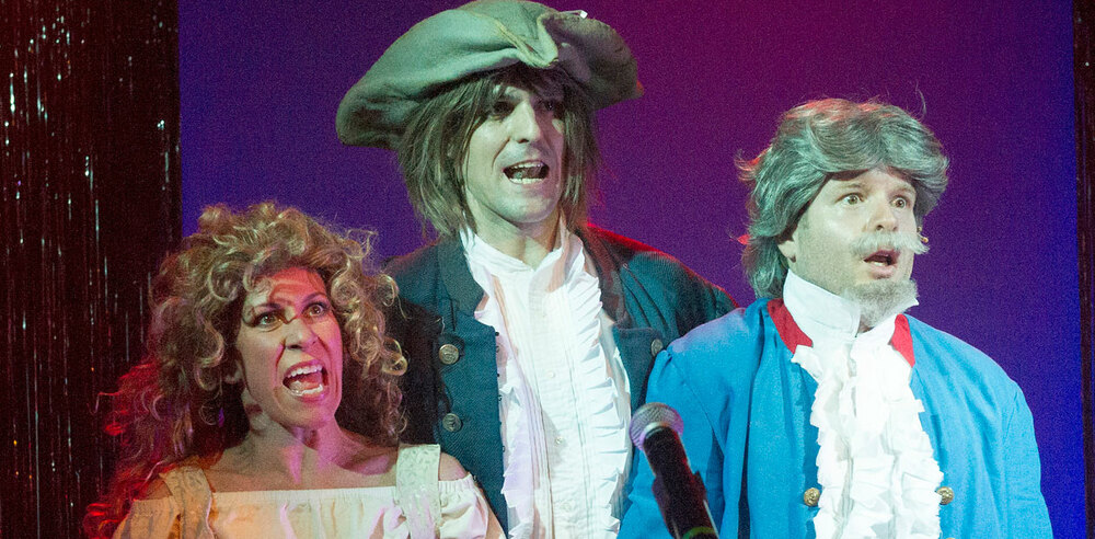 Anna-Jane Casey, Ben Lewis and Damian Humbley in Forbidden Broadway. Photo: Alastair Muir.