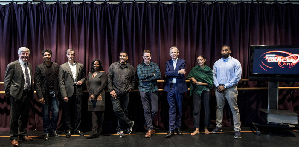 Tony Hall, Carlos Acosta, David Nixon, Sharon Watson, DJ Renegade, Matthew Bourne, Alistair Spalding, Seeta Patel, Kenrick Sandy at the launch of BBC Young Dancer 2015. Photo: Sim Cannety-Clarke