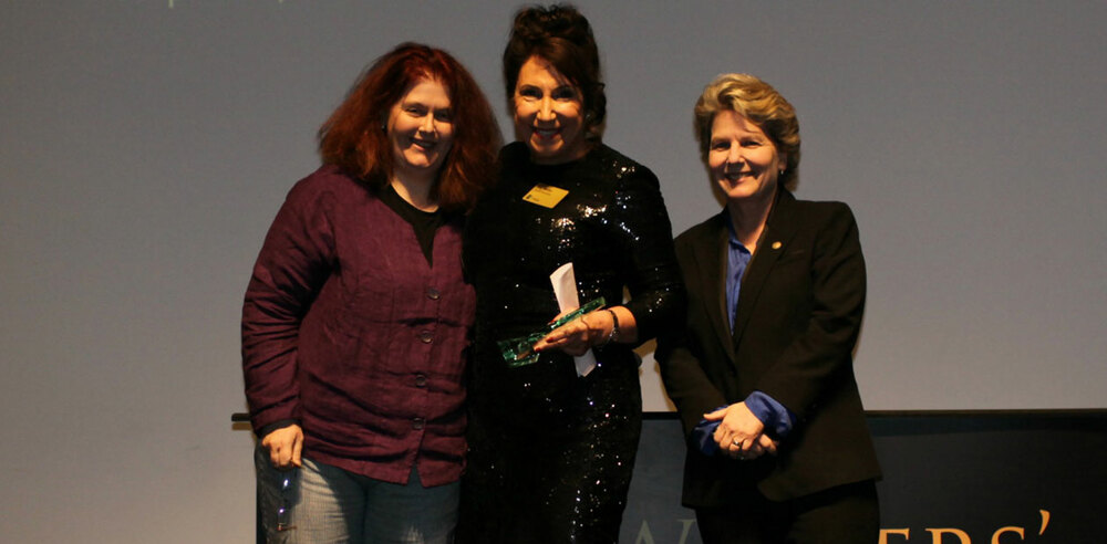 Kay Mellor, centre, with Sally Wainwright (l) and Sandi Toksvig (r). Photo: Writers' Guild/Guy Cragoe.