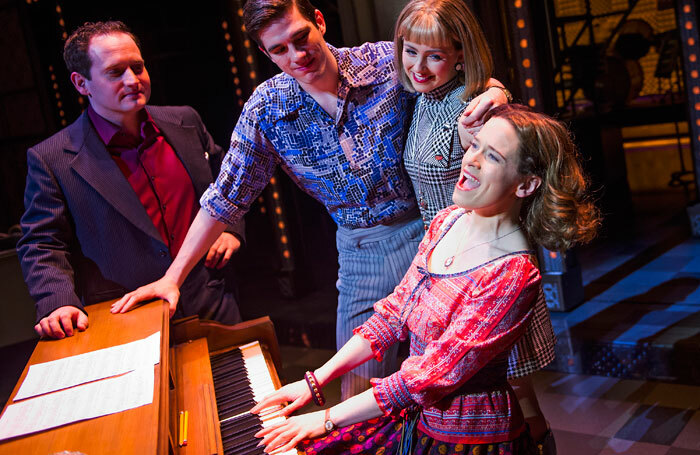 Gary Trainor (Don Kirshner), Ian McIntosh (Barry Mann), Lorna Want (Cynthia Weil) and Katie Brayben (Carole King) in Beautiful, The Carole King Musical at the Aldwych Theatre. Photo: Tristram Kenton