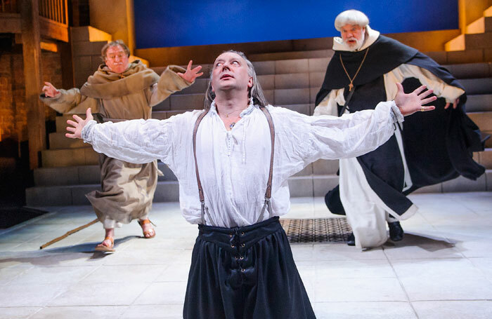 Geoffrey Freshwater, Jasper Britton and Matthew Kelly in The Jew Of Malta, at the Swan Theatre, Stratford-upon-Avon. An RSC production. Photo: Tristram Kenton