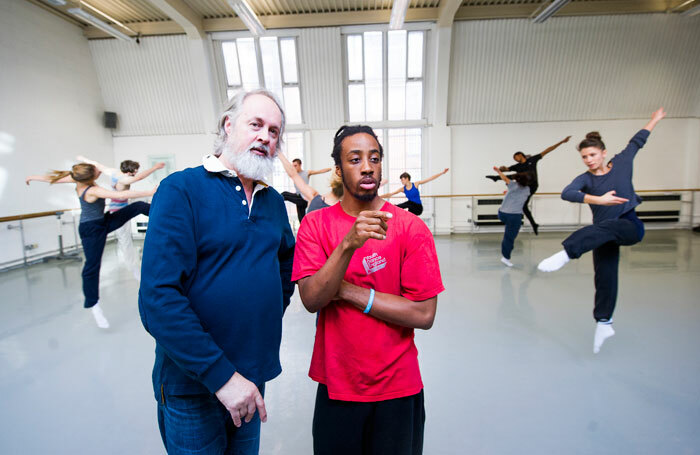 Richard Alston, with Ajani Johnson-Goffe, during rehearsals for the 20th anniversary celebration of Richard Alston Dance Company. Photo: Tristram Kenton