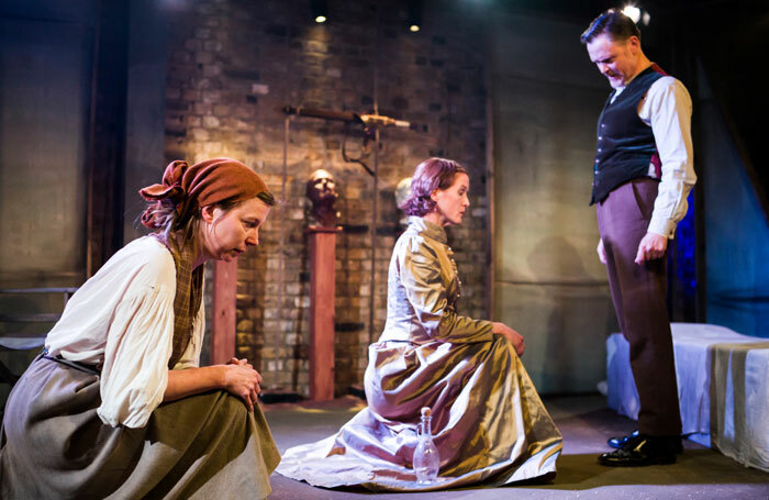 Kristin Hutchinson, Catherine Cusack and Liam Smith in Howard Baker's Judith: A Parting from the Body at the Arcola Theatre. Photo: Nick Rutter