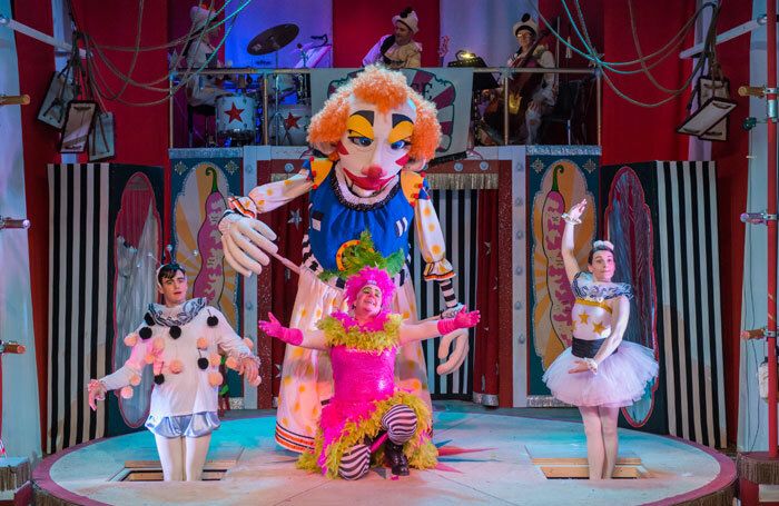 Lawrence Swaddle, Gary Bridgens, Emily Essery and Jake England-Johns (as the Giant) in Jack and the Beanstalk at Georgian Theatre Royal, Richmond, North Yorkshire. Photo: Dave Cooil