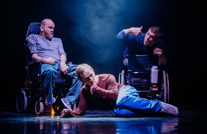 Pete Edwards, Colin Young and Laurence Clark in Purposeless Movements at Tramway, Glasgow. Photo: Mihaela Bodlovic