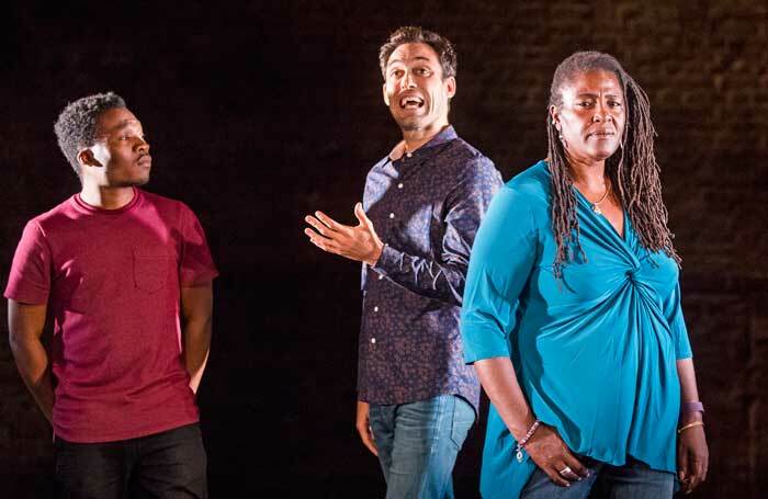 Fisayo Akinade, Alex Hassell and Sharon D Clarke in Pigs and Dogs at the Jerwood Theatre Downstairs. Photo: Tristram Kenton