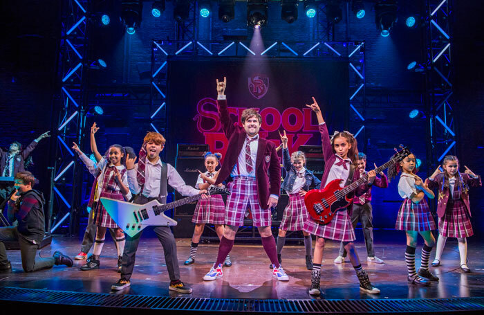 Toby Lee, David Flynn and Selma Hansen in School of Rock at the New London Theatre. Photo: Tristram Kenton