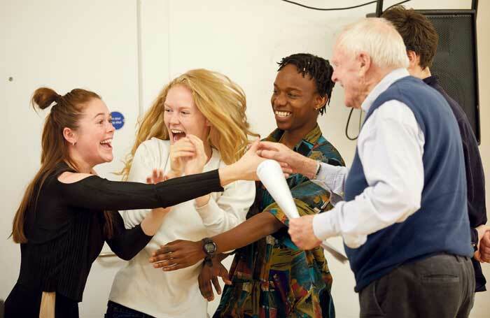 Julian Glover (right) with the company from Bristol Old Vic Theatre School in rehearsals for Julius Caesar. Photo: Mark Douet