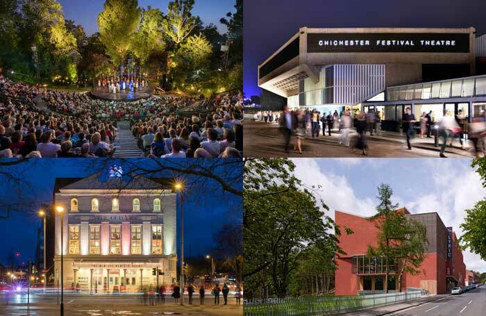 Clockwise from top left: Regent's Park Open Air Theatre, Chichester Festival Theatre, Belfast Lyric Theatre and London's Old Vic. Photos: David Jensen, Philip Vile, Dennis Gilbert, Manuel Harlan