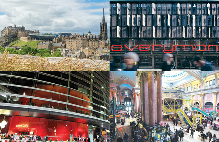 Clockwise from top left: Edinburgh Fringe, Liverpool’s Everyman, Manchester’s Royal Exchange and the Leicester Curve, which are all planned to feature in Opening Night. Photos: Shutterstock/Philip Vile/Leicestershire Promotions