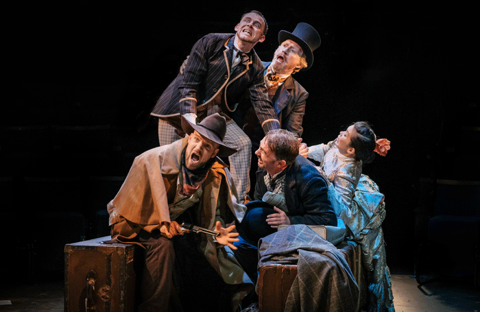 Matthew Ganley, Michael Hugo, Andrew Pollard, Dennis Herdman and Kirsten Foster in Around the World in 80 Days. Photo: Andrew Billington