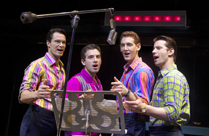 Matt Bogart, Jarrod Spector, Ryan Jesse and Dominci Nolfi in the Broadway production of Jersey Boys.
Photo: Joan Marcus