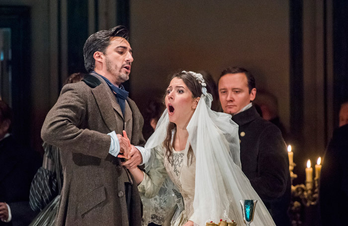 Charles Castronovo and Lisette Oropesa in Lucia di Lammermoor at Royal Opera House, London designed by Vicki Mortimer. Photo: Tristram Kenton