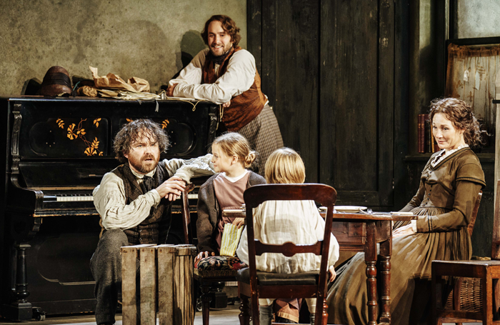 Rory Kinnear, Oliver Chris, Harriet and Rupert Turnbull  and Nancy Carroll in Young Marx. Photo: Manuel Harlan