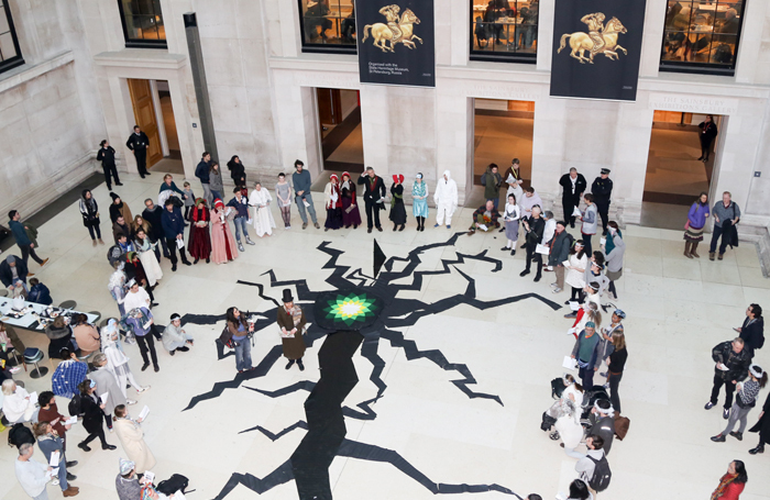 BP logo surrounded by cracks at the British Museum protest. Photo: Diana More