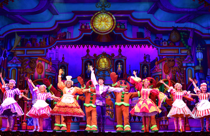 Gary Wilmot, Charlie Stemp and Emma Williams in Dick Whittington at the Palladium. Photo: Paul Coltas