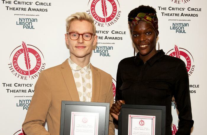 Sheila Atim with John McCrea, winners of the Critics’ Circle Theatre Awards. Photo: Peter Jones