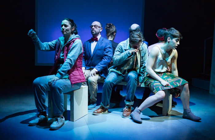 The cast of Great Apes at Arcola Theatre, London. Photo: Nick Rutter