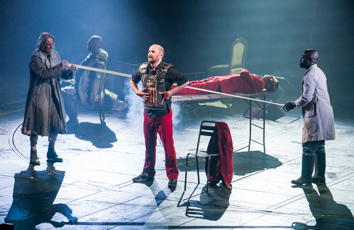 Trevor Fox, Kevin Harvey, Rory Kinnear, Stephen Boxer and Michael Balogun in Macbeth. Photo: Tristram Kenton