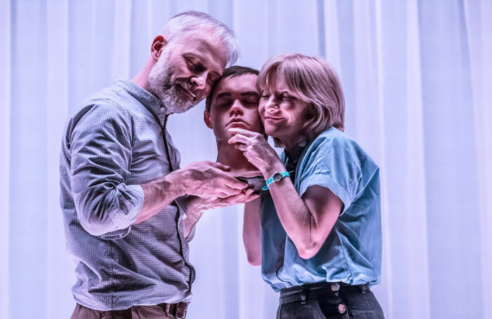 Mark Bonnar, Brian Vernel and Jane Horrocks in Instructions for Correct Assembly at London's Royal Court. Photo: Johan Persson