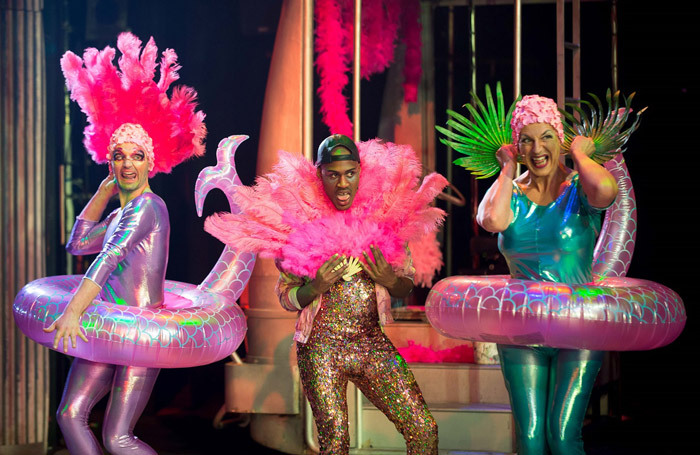 Tom Giles, Daniel Bailey and Mark Inscoe in Priscilla Queen of the Desert at Queen's Theatre, Hornchurch. Photo: Mark Sepple