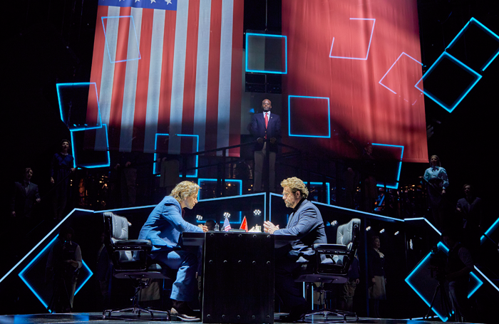 Tim Howar, Michael Ball and Cedric Neal (centre, back) in Chess. Photo: Brinkhoff/Moegenburg