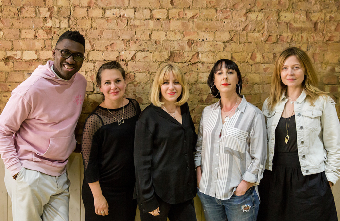 Artistic directors Kwame Kwei-Armah, Orla O’Loughlin (second from left) and Rachel O'Riordan (far left) with Theatre Uncut's Emma Callander and Hannah Price (second and third from right) at the launch of the initiative to find new political playwrights. Photo : The Other Richard