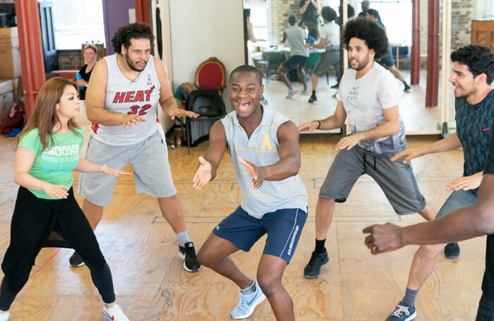 Julie Yammanee, Marc Akinfolarin, Eddie Elliot, Jason Denton and Liam Tamne in rehearsals for Spamilton. Photo: Johan Persson