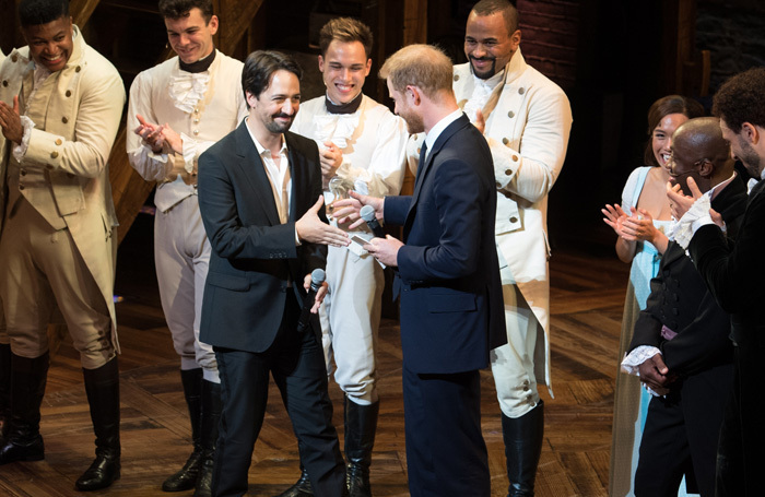 Lin-Manuel Miranda and Prince Harry with the cast of Hamilton at Victoria Palace Theatre. Photo: Craig Sugden