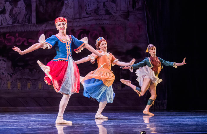 Les Ballets Trockadero de Monte Carlo's Joshua Thake, Jack Furlong Jr and Kevin Garcia at the Peacock Theatre, London. Photo: Tristram Kenton