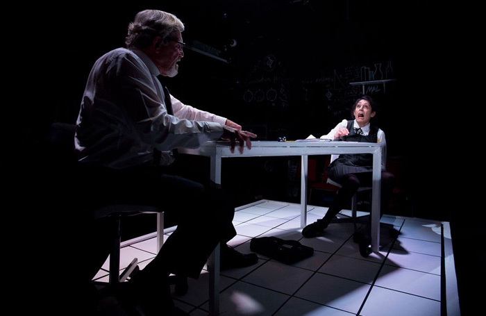 Roger Alborough and Sheetal Kapoor in The Lesson at Hope Theatre, London.  Photo: LH Photography