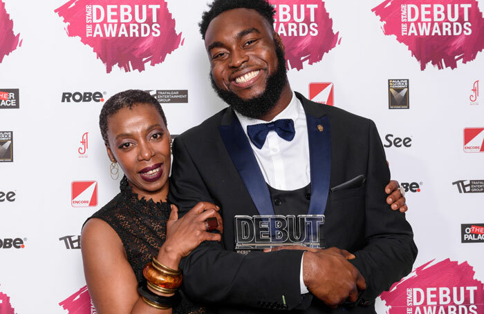 The Stage Debut Awards 2017 presenter Noma Dumezweni with best actor in a play award winner Abraham Popoola