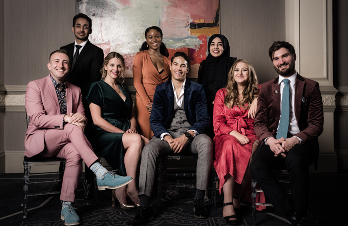 The Stage Debut award winners, left to right: Gus Gowland, Akshay Sharan, Katy Rudd, Amara Okereke, Louis Gaunt, Khadjia Raza, Gemma Dobson and Andrew Thompson. Photo: Alex Brenner