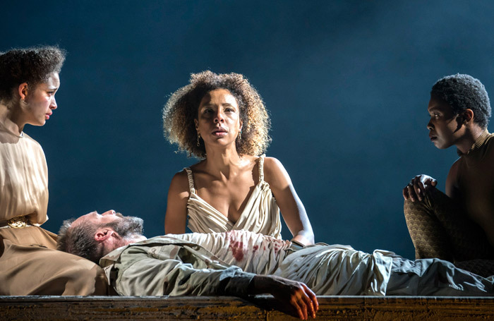 Georgia Landers, Ralph Fiennes, Sophie Okonedo and Gloria Obianyo in Antony and Cleopatra. Photo: Johan Persson