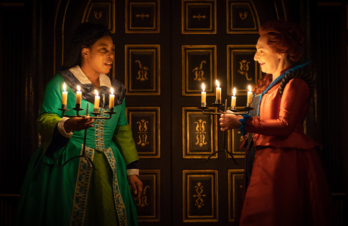 Jocelyn Jee Esien and Pauline McLynn in Doctor Faustus at the Sam Wanamaker Playhouse, London. Photo: Marc Brenner