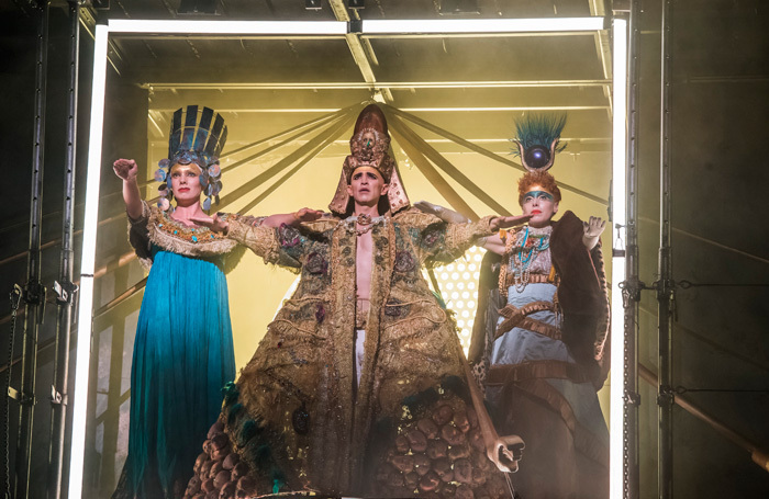 Katie Stevenson, Anthony Roth Costanzo and Rebecca Bottone in Akhnaten at London Coliseum. Photo: Tristram Kenton