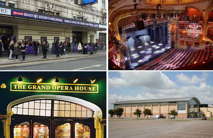 BECTU is claiming back payments from ATG for staff at venues including, clockwise from top left: Liverpool Empire, Bristol Hippodrome (photo: Mike Hume), Grimsby Auditorium and York's Grand Opera House