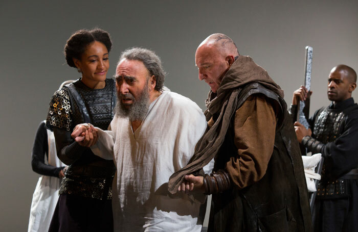 Antony Sher with Natalie Simpson and Antony Byrne in King Lear at the Royal Shakespeare Theatre, Stratford-upon-Avon, in 2016. Photo: Ellie Kurttz