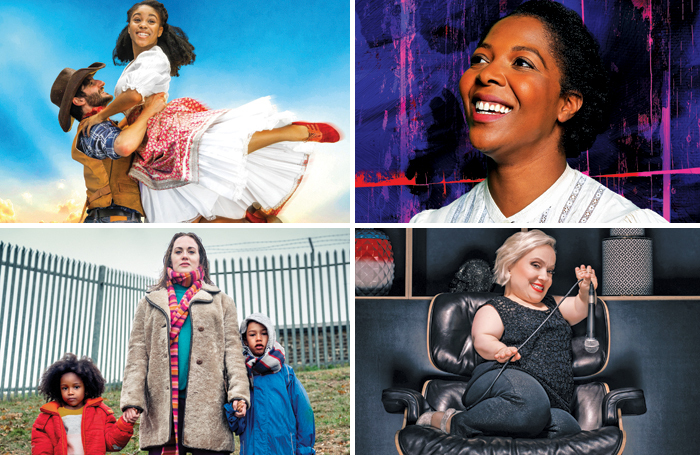 Clockwise from top left: Oklahoma! at Chichester Festival Theatre; T’Shan Williams in The Color Purple, Leicester Curve/Birmingham Hippodrome; Kiruna Stamell in Them! at Tramway, Glasgow; The End of History at Royal Court, London. Photos: Pamela Raith/Michaela Bodlovic/Niall McDiarmid