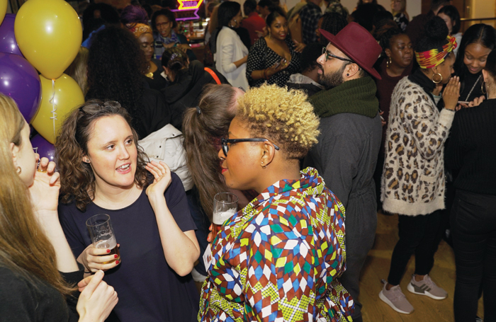 Natalie Ibu (top right) and with audience members at the press night of Tiata Fahodzi’s Good Dog, which she directed, at Watford Palace earlier this year. Photo: Nour Abida